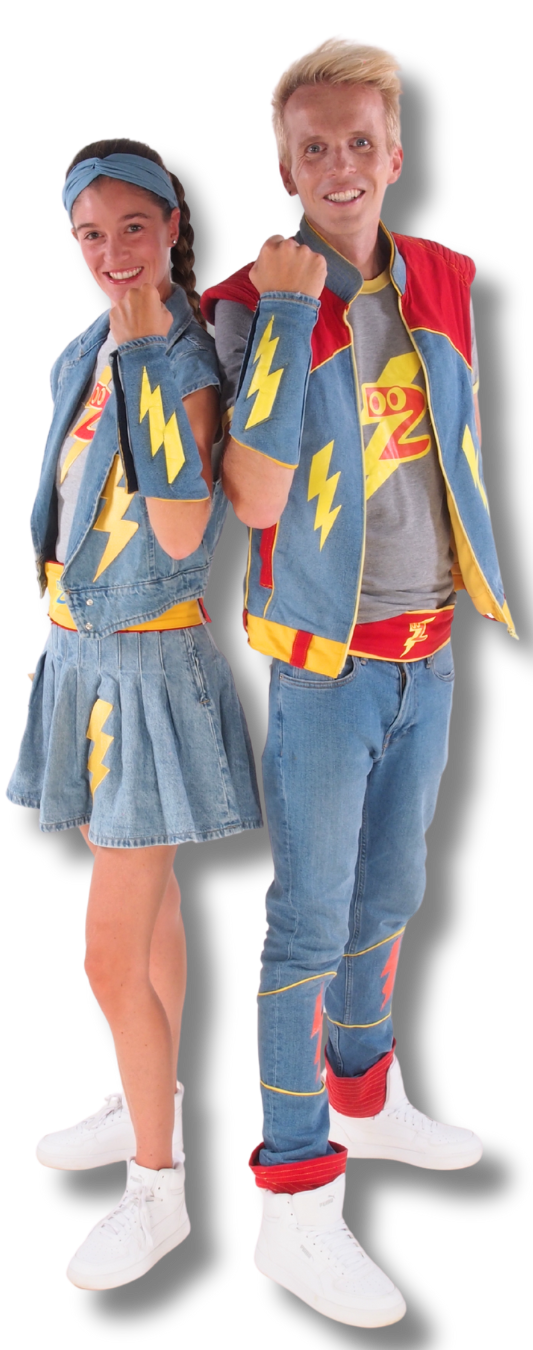 BlitZ met superhelden Pieterjan en Justine tijdens liveshow voor kinderen – kleurrijk podium met muziek, dans en interactie via Dream Animations