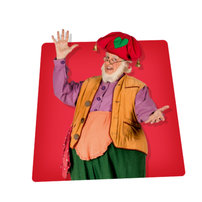 Kabouter Plop live op podium of tijdens Meet & Greet met kinderen, dansend en zingend in zijn herkenbare kabouteroutfit