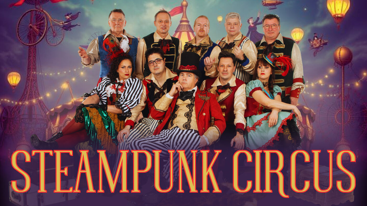 Bar Clochard coverband live op podium met steampunk decor en circuseffecten tijdens muziekfestival.