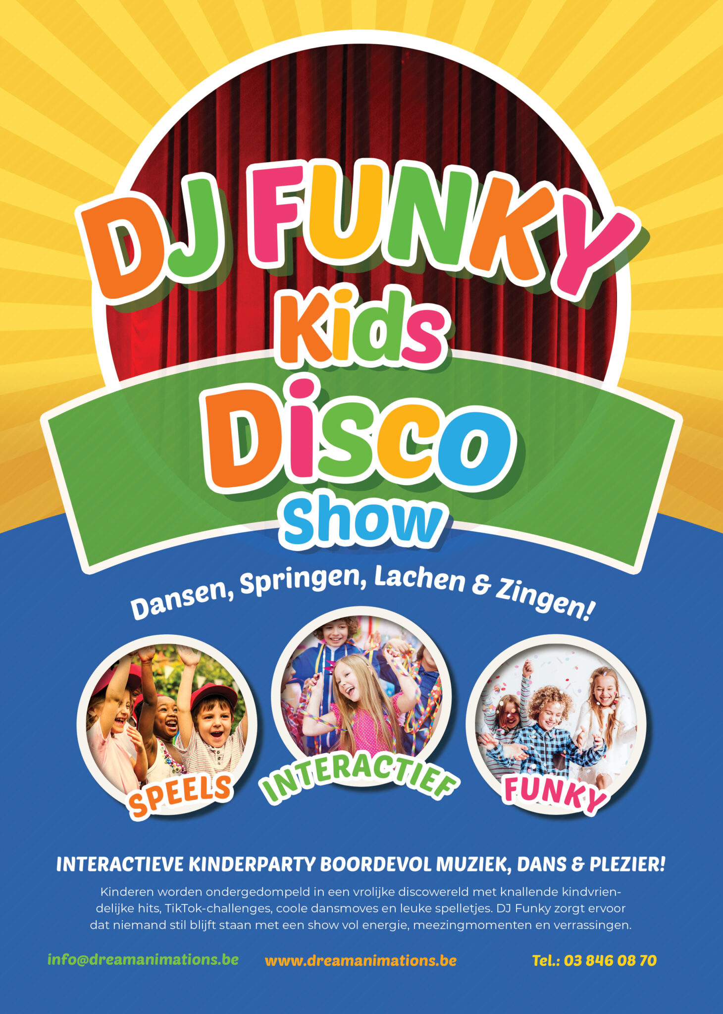 Dansende kinderen onder discolichten tijdens een interactieve Kids Disco van Dream Animations.