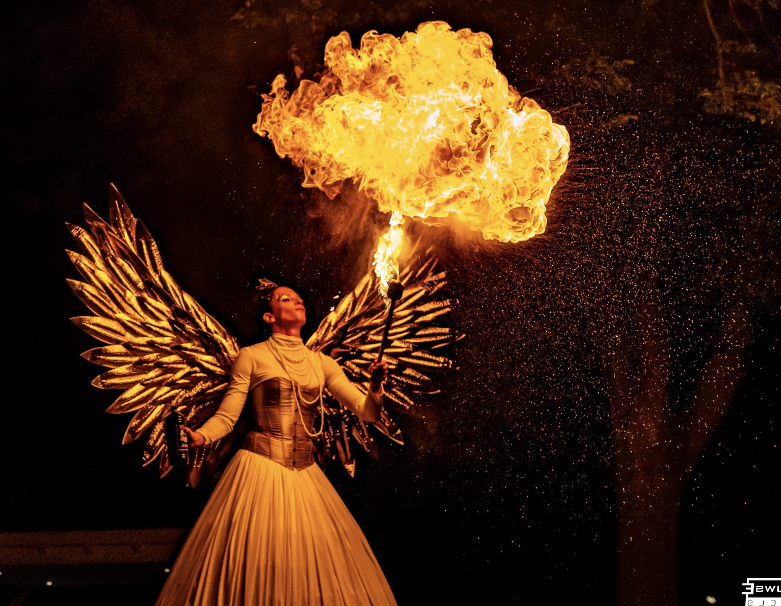 Golden Fire vuurartieste op stelten in gouden outfit, vuur spuwend bij zonsondergang tijdens een buitenfeest.
