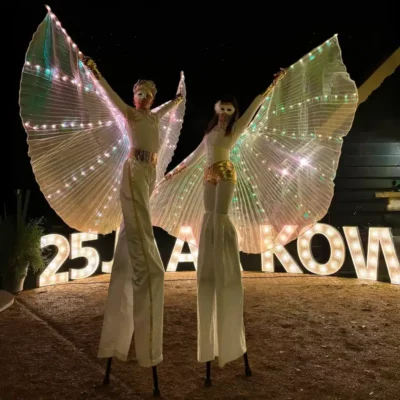 Boek de Chique Luminous White Steltenlopers bij Dream Animations – elegante witte steltlopers met LED-vleugels voor stijlvolle events en bruiloften.
