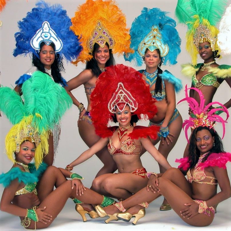 Braziliaanse sambadanseressen in kleurrijke kostuums met pluimen tijdens sambashow op evenement